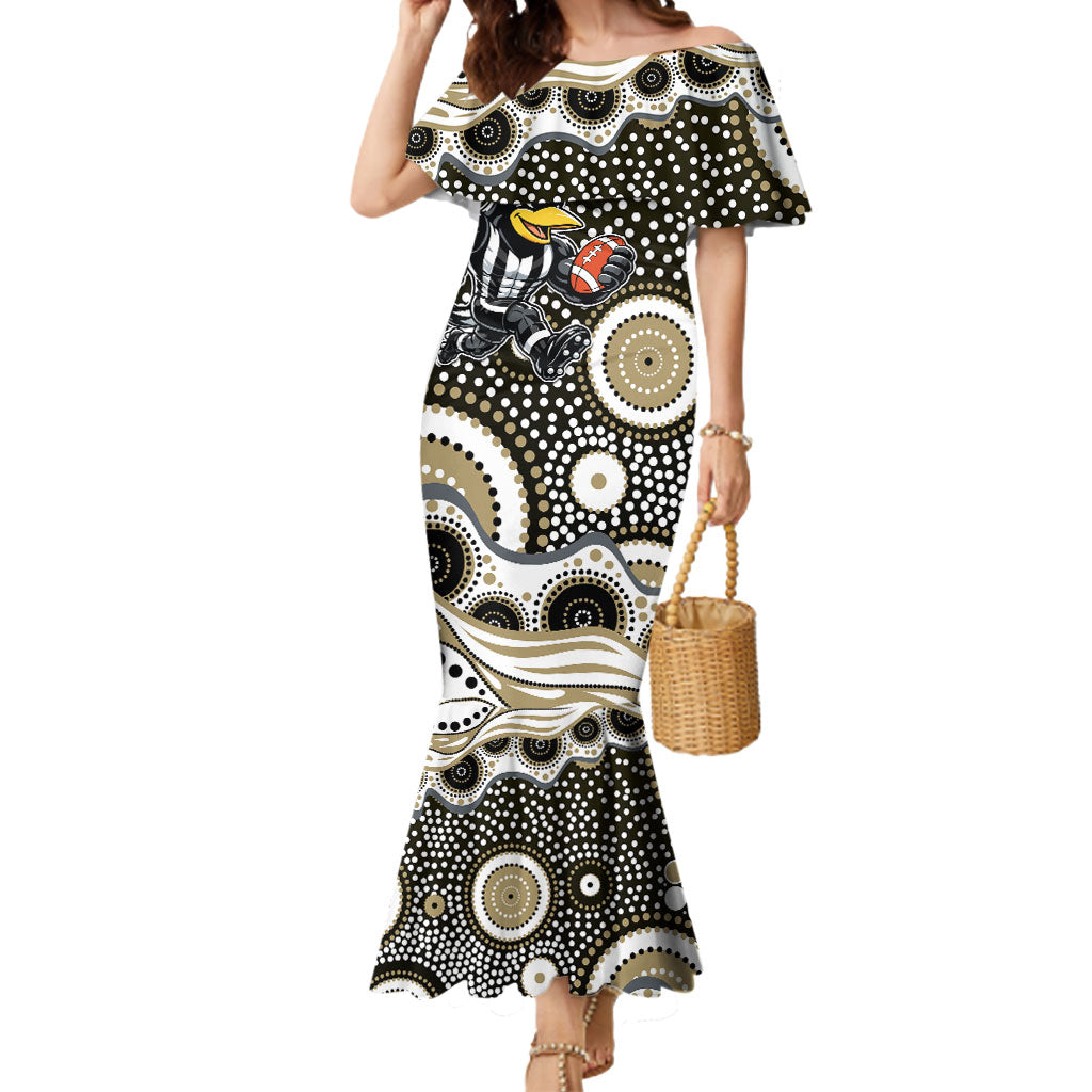 Collingwood Magpies Mermaid Dress Aboriginal Dot Pattern - Football Mascot Heritage Pride