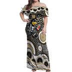 Collingwood Magpies Off Shoulder Maxi Dress Aboriginal Dot Pattern - Football Mascot Heritage Pride