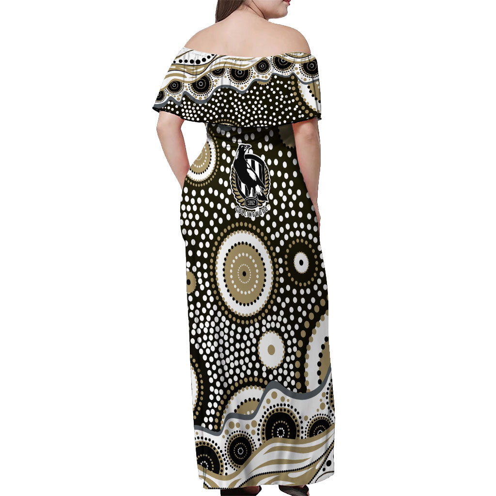 Collingwood Magpies Off Shoulder Maxi Dress Aboriginal Dot Pattern - Football Mascot Heritage Pride