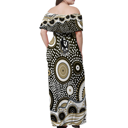 Collingwood Magpies Off Shoulder Maxi Dress Aboriginal Dot Pattern - Football Mascot Heritage Pride