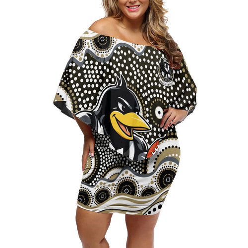 Collingwood Magpies Off Shoulder Short Dress Aboriginal Dot Pattern - Football Mascot Heritage Pride