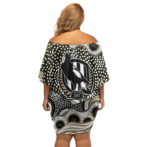Collingwood Magpies Off Shoulder Short Dress Aboriginal Dot Pattern - Football Mascot Heritage Pride