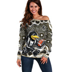 Collingwood Magpies Off Shoulder Sweater Aboriginal Dot Pattern - Football Mascot Heritage Pride