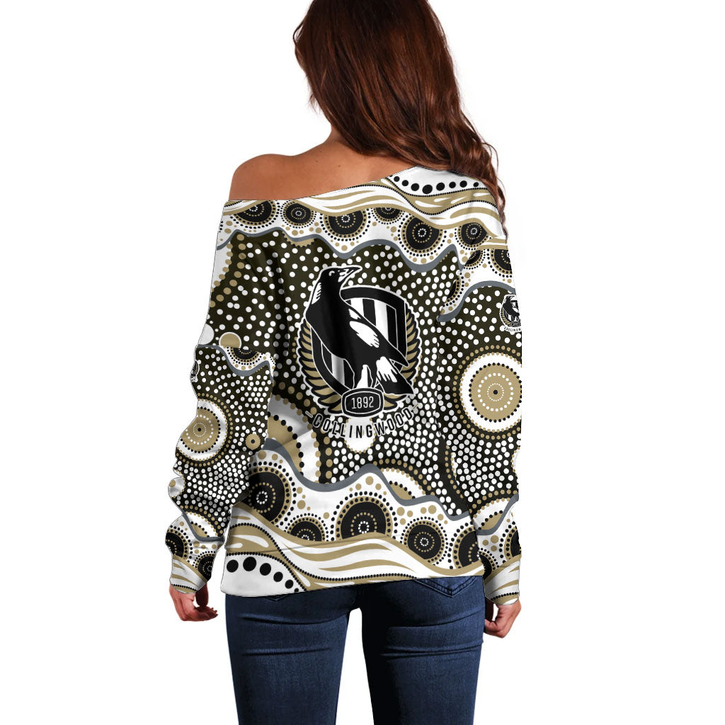 Collingwood Magpies Off Shoulder Sweater Aboriginal Dot Pattern - Football Mascot Heritage Pride
