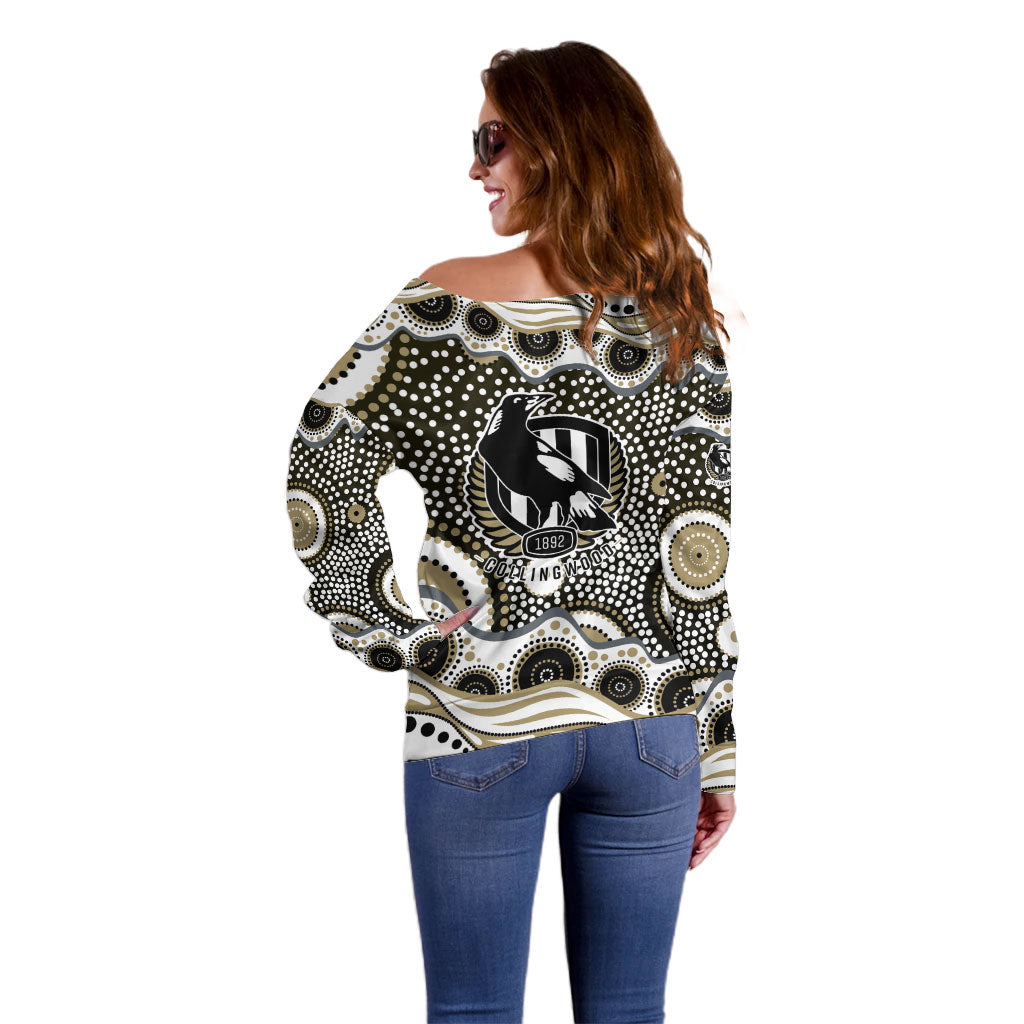 Collingwood Magpies Off Shoulder Sweater Aboriginal Dot Pattern - Football Mascot Heritage Pride
