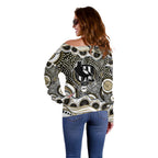 Collingwood Magpies Off Shoulder Sweater Aboriginal Dot Pattern - Football Mascot Heritage Pride