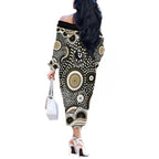 Collingwood Magpies Off The Shoulder Long Sleeve Dress Aboriginal Dot Pattern - Football Mascot Heritage Pride