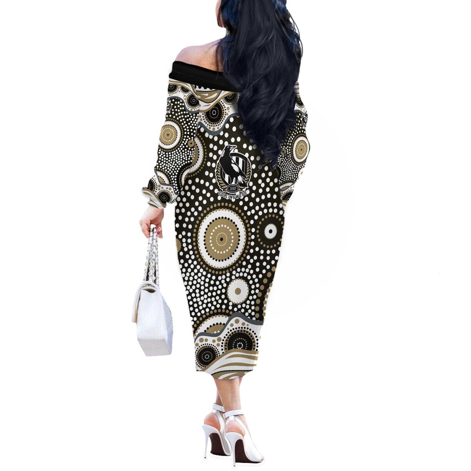 Collingwood Magpies Off The Shoulder Long Sleeve Dress Aboriginal Dot Pattern - Football Mascot Heritage Pride