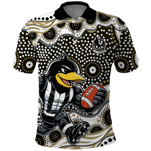 Collingwood Magpies Polo Shirt Aboriginal Dot Pattern - Football Mascot Heritage Pride