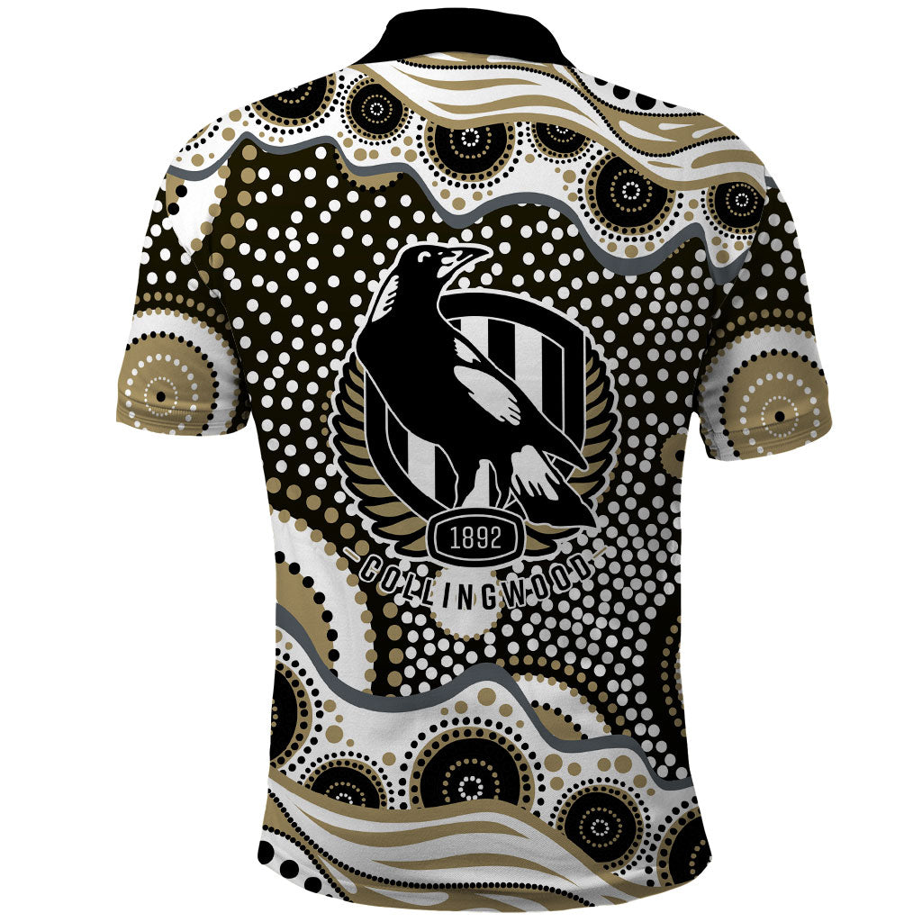 Collingwood Magpies Polo Shirt Aboriginal Dot Pattern - Football Mascot Heritage Pride