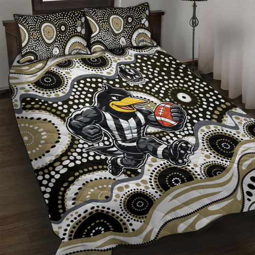 Collingwood Magpies Quilt Bed Set Aboriginal Dot Pattern - Football Mascot Heritage Pride