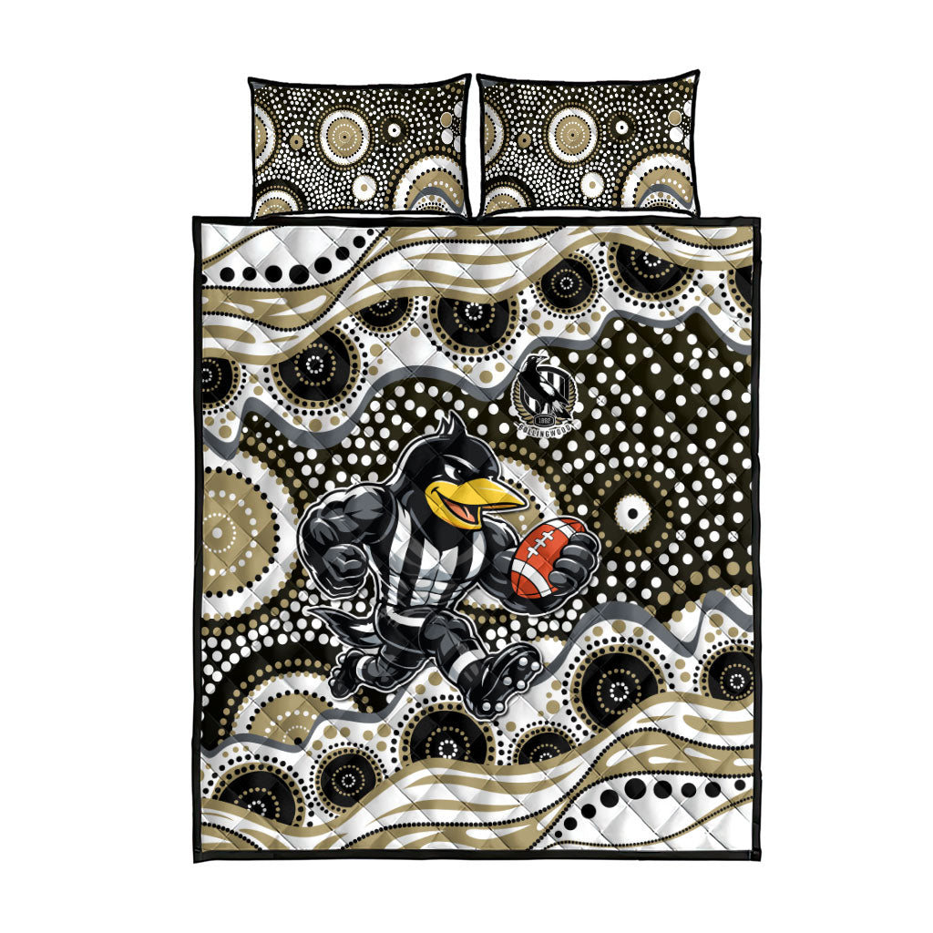 Collingwood Magpies Quilt Bed Set Aboriginal Dot Pattern - Football Mascot Heritage Pride