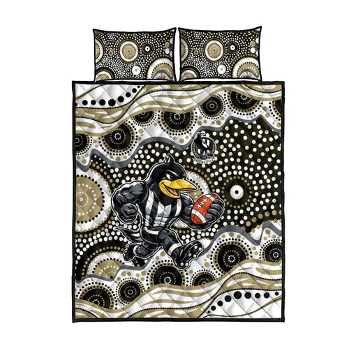 Collingwood Magpies Quilt Bed Set Aboriginal Dot Pattern - Football Mascot Heritage Pride