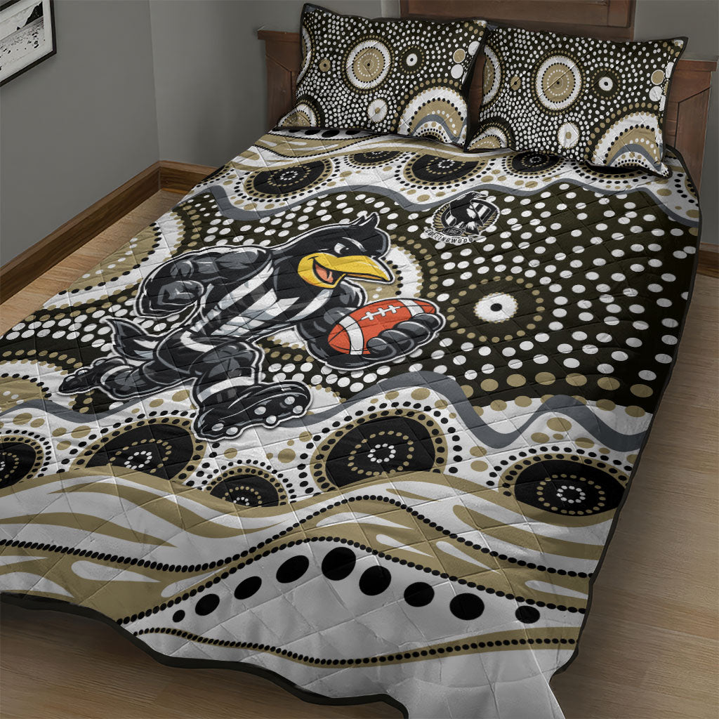 Collingwood Magpies Quilt Bed Set Aboriginal Dot Pattern - Football Mascot Heritage Pride
