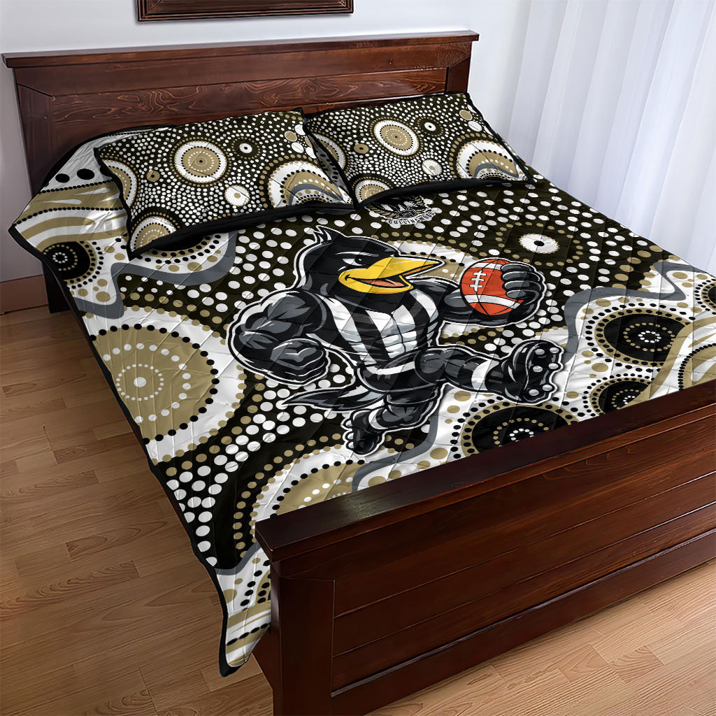 Collingwood Magpies Quilt Bed Set Aboriginal Dot Pattern - Football Mascot Heritage Pride