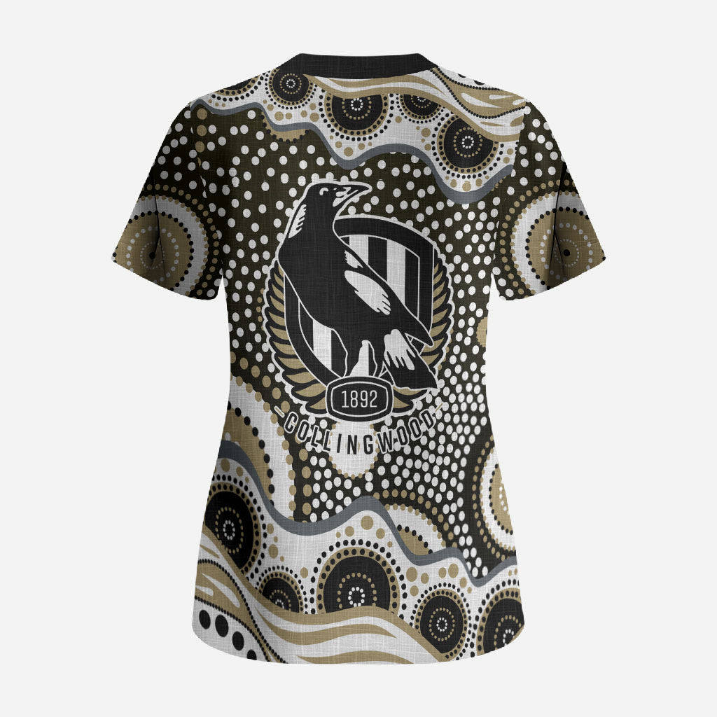 Collingwood Magpies Scrub Top Aboriginal Dot Pattern - Football Mascot Heritage Pride