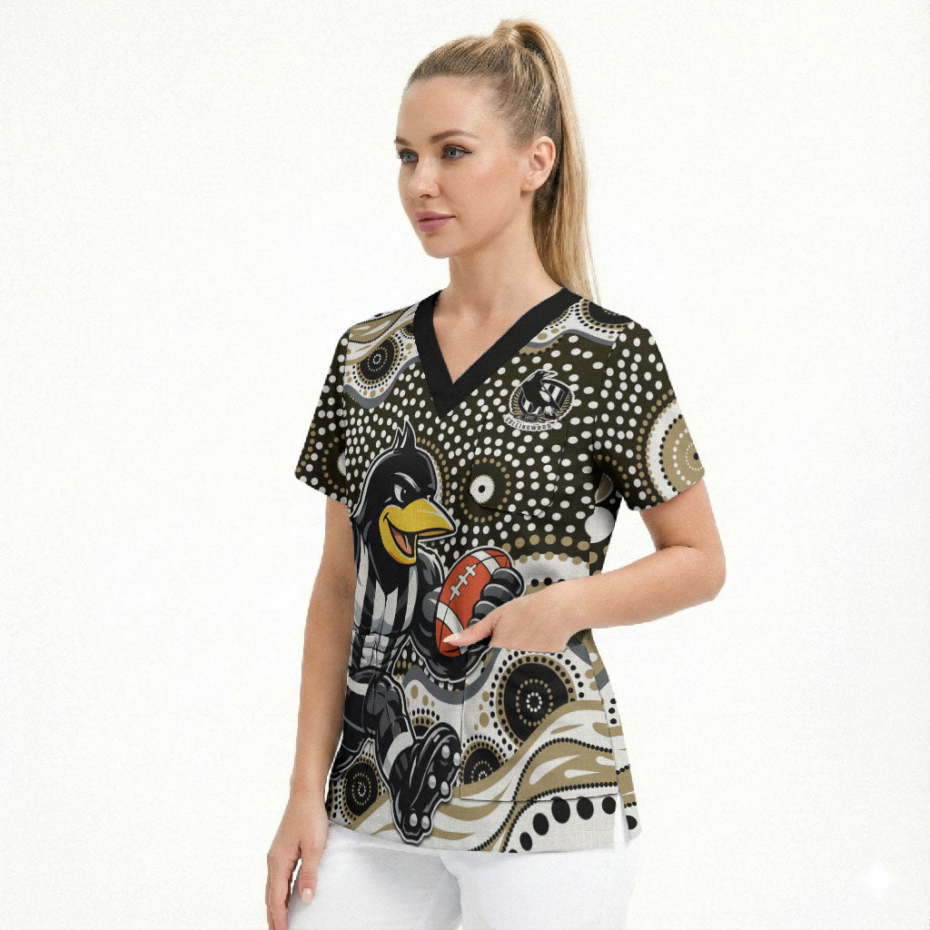 Collingwood Magpies Scrub Top Aboriginal Dot Pattern - Football Mascot Heritage Pride