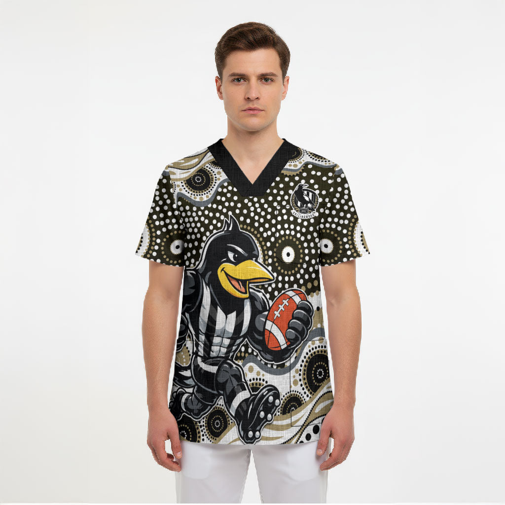 Collingwood Magpies Scrub Top Aboriginal Dot Pattern - Football Mascot Heritage Pride