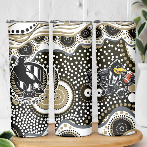 Collingwood Magpies Skinny Tumbler Aboriginal Dot Pattern - Football Mascot Heritage Pride