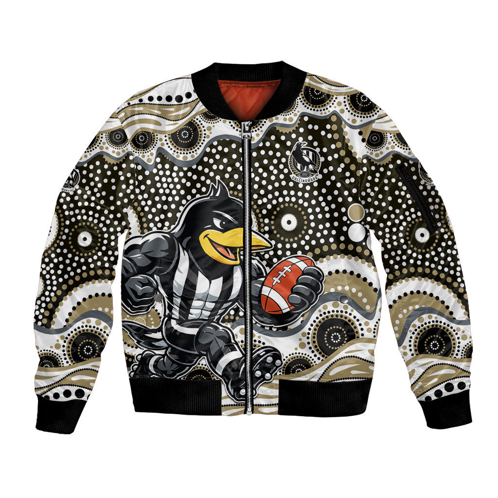 Collingwood Magpies Sleeve Zip Bomber Jacket Aboriginal Dot Pattern - Football Mascot Heritage Pride