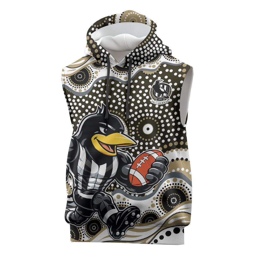 Collingwood Magpies Sleeveless Hoodie Aboriginal Dot Pattern - Football Mascot Heritage Pride