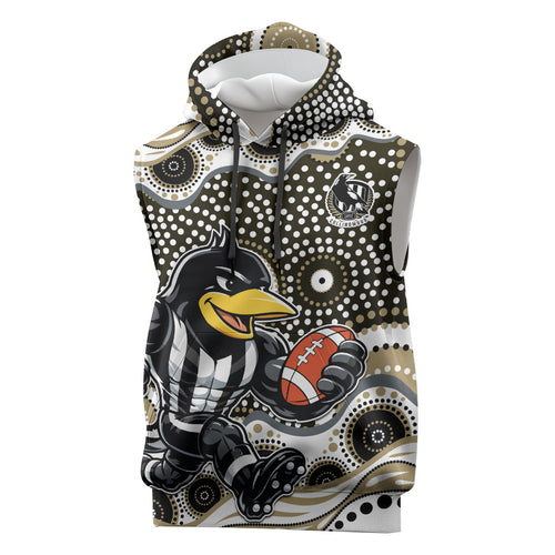 Collingwood Magpies Sleeveless Hoodie Aboriginal Dot Pattern - Football Mascot Heritage Pride
