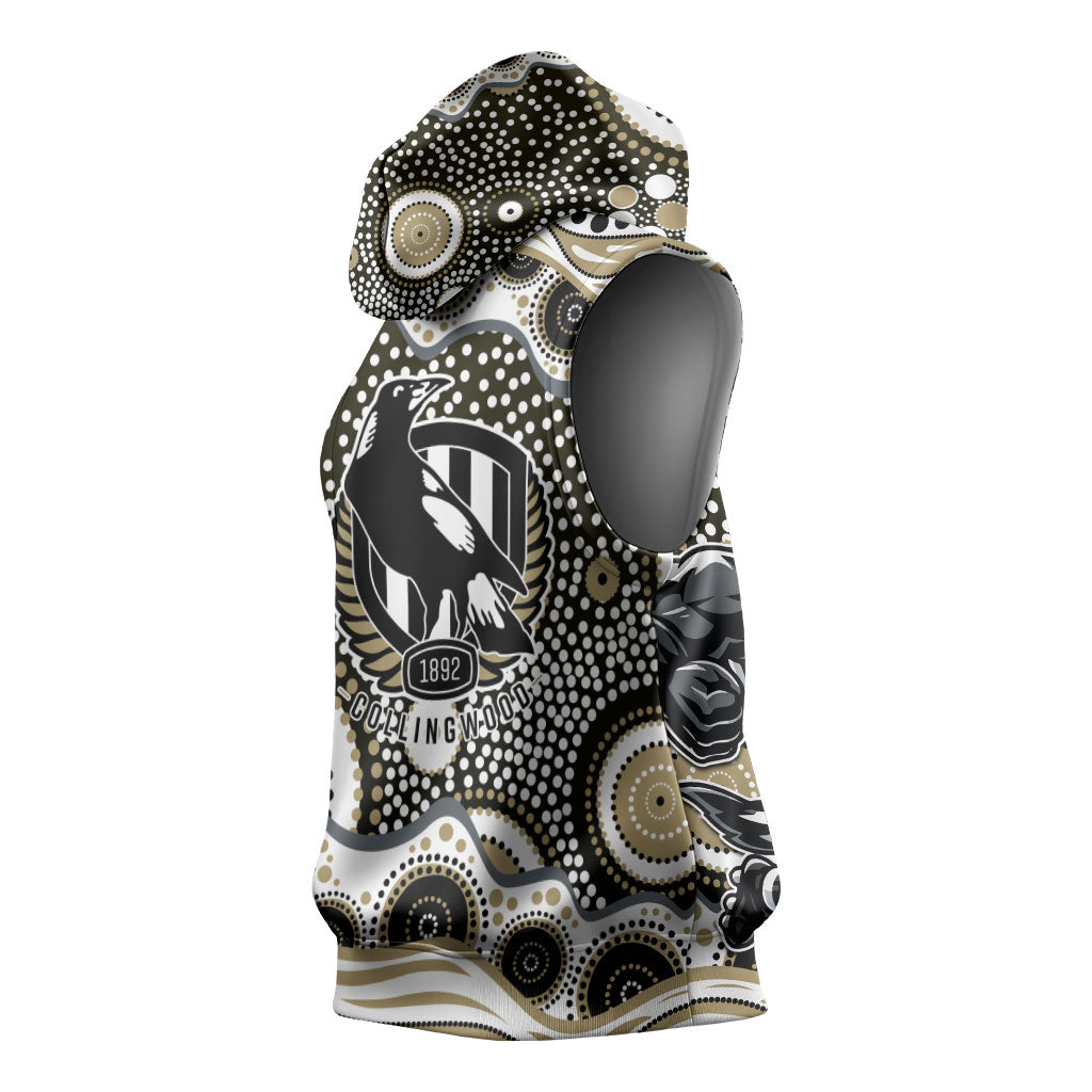 Collingwood Magpies Sleeveless Hoodie Aboriginal Dot Pattern - Football Mascot Heritage Pride