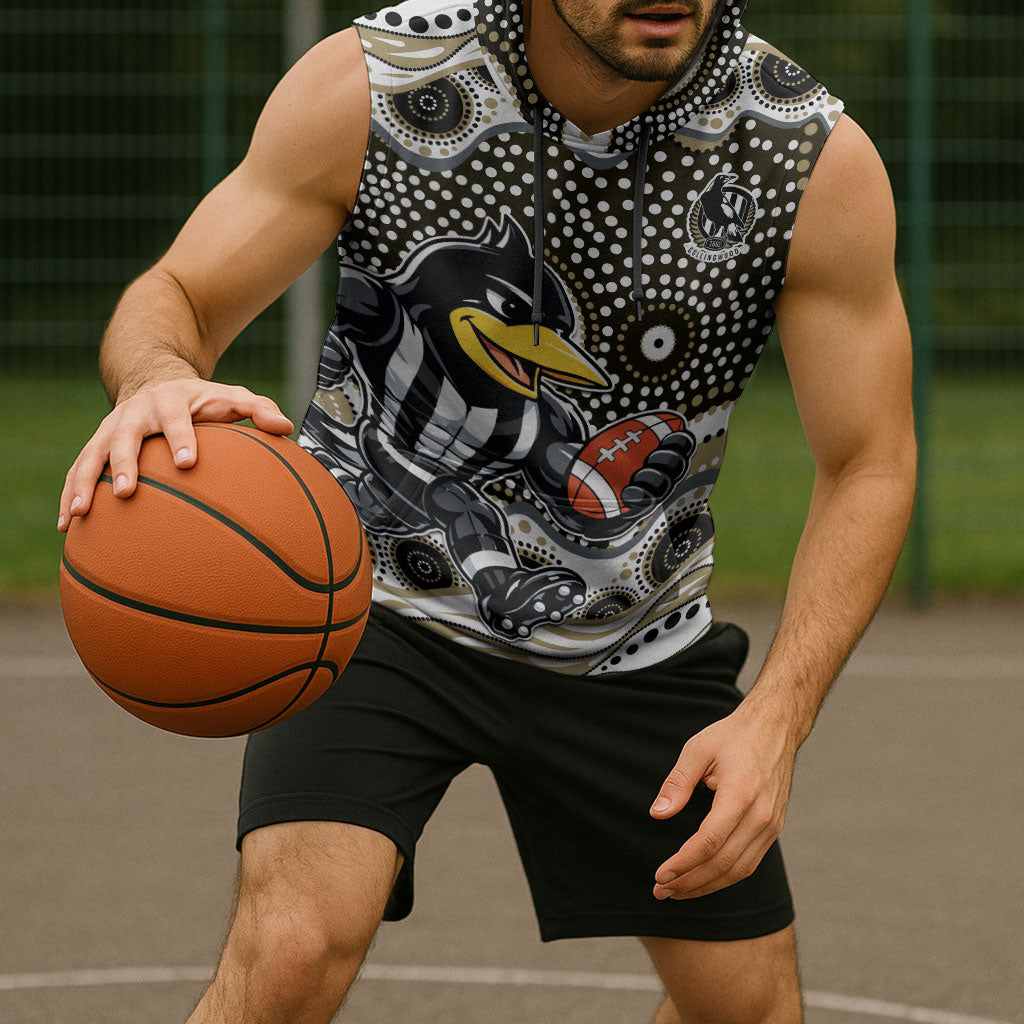 Collingwood Magpies Sleeveless Hoodie Aboriginal Dot Pattern - Football Mascot Heritage Pride