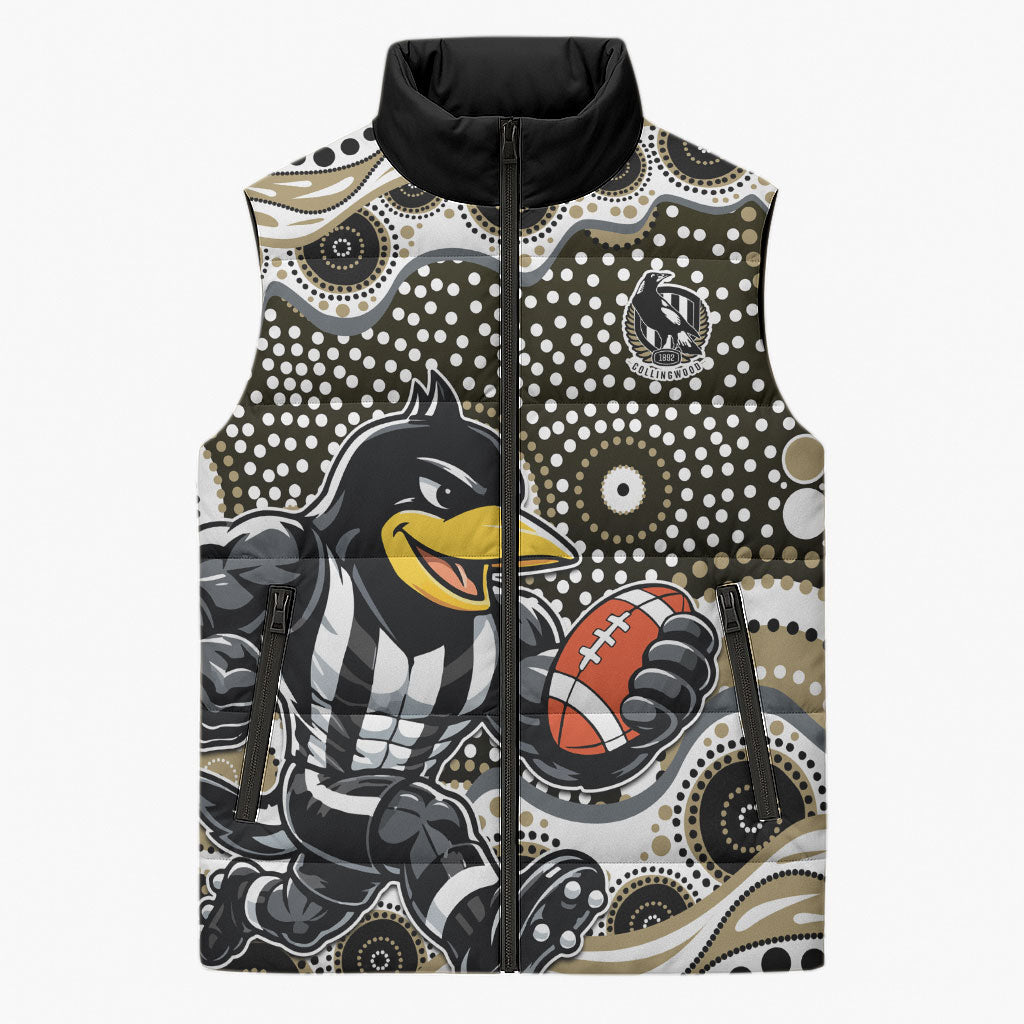 Collingwood Magpies Sleeveless Puffer Jacket Aboriginal Dot Pattern - Football Mascot Heritage Pride