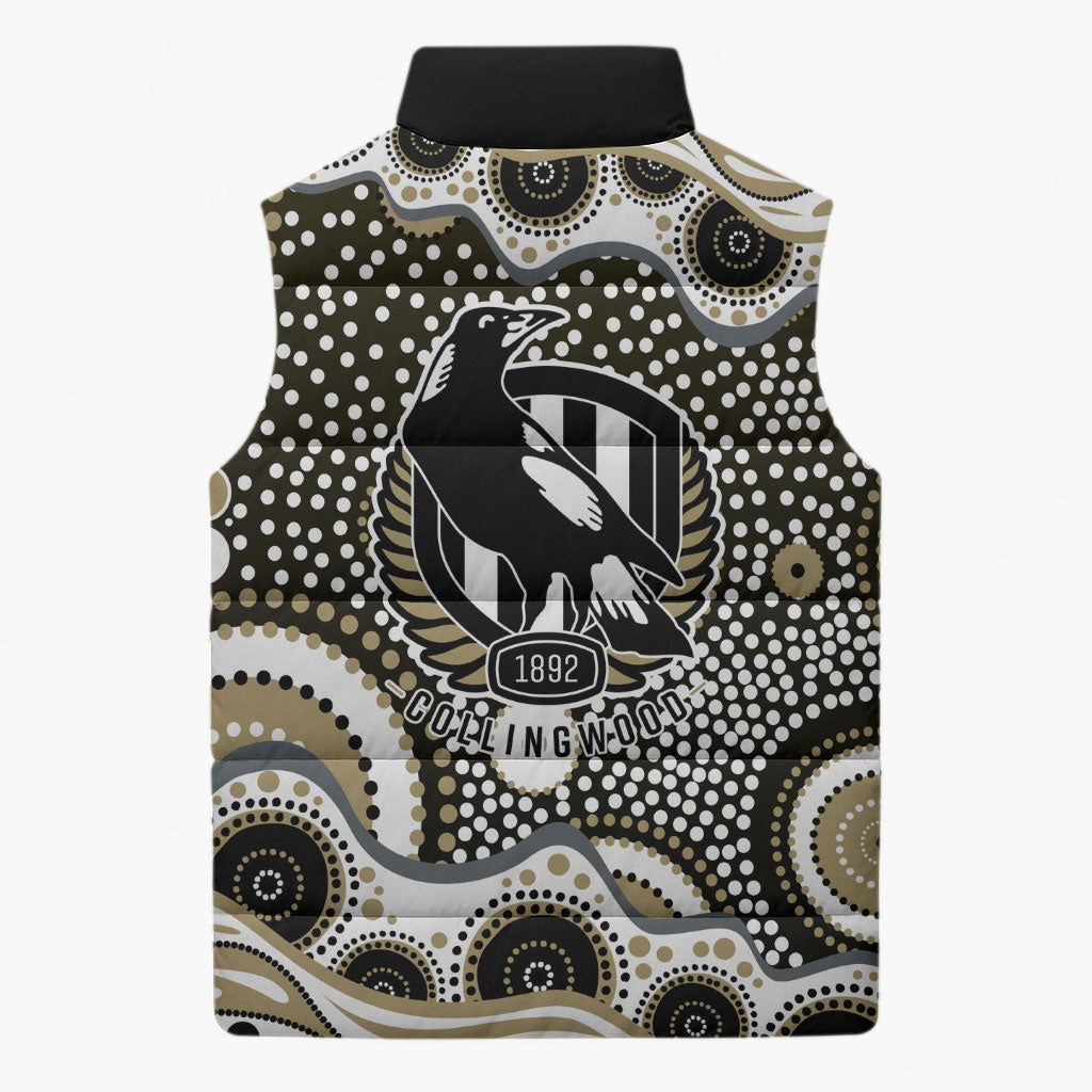 Collingwood Magpies Sleeveless Puffer Jacket Aboriginal Dot Pattern - Football Mascot Heritage Pride