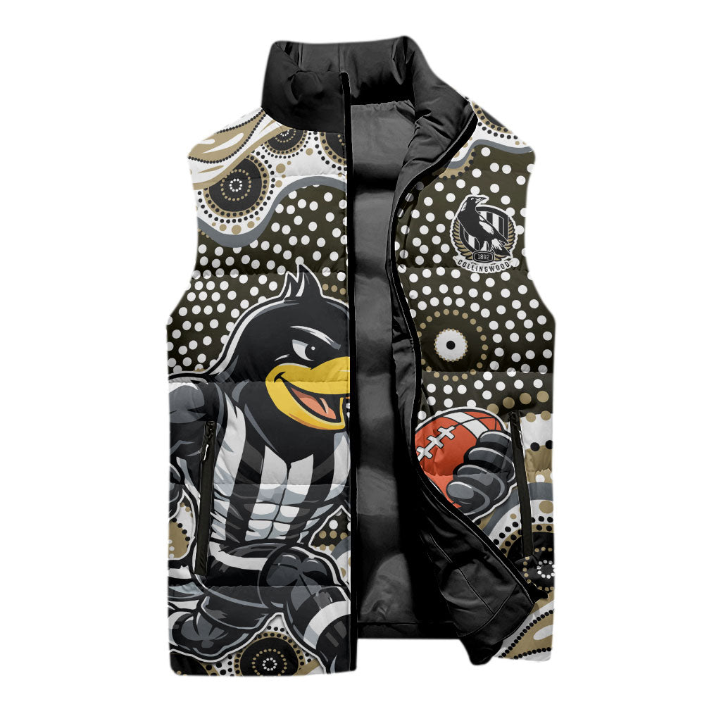 Collingwood Magpies Sleeveless Puffer Jacket Aboriginal Dot Pattern - Football Mascot Heritage Pride