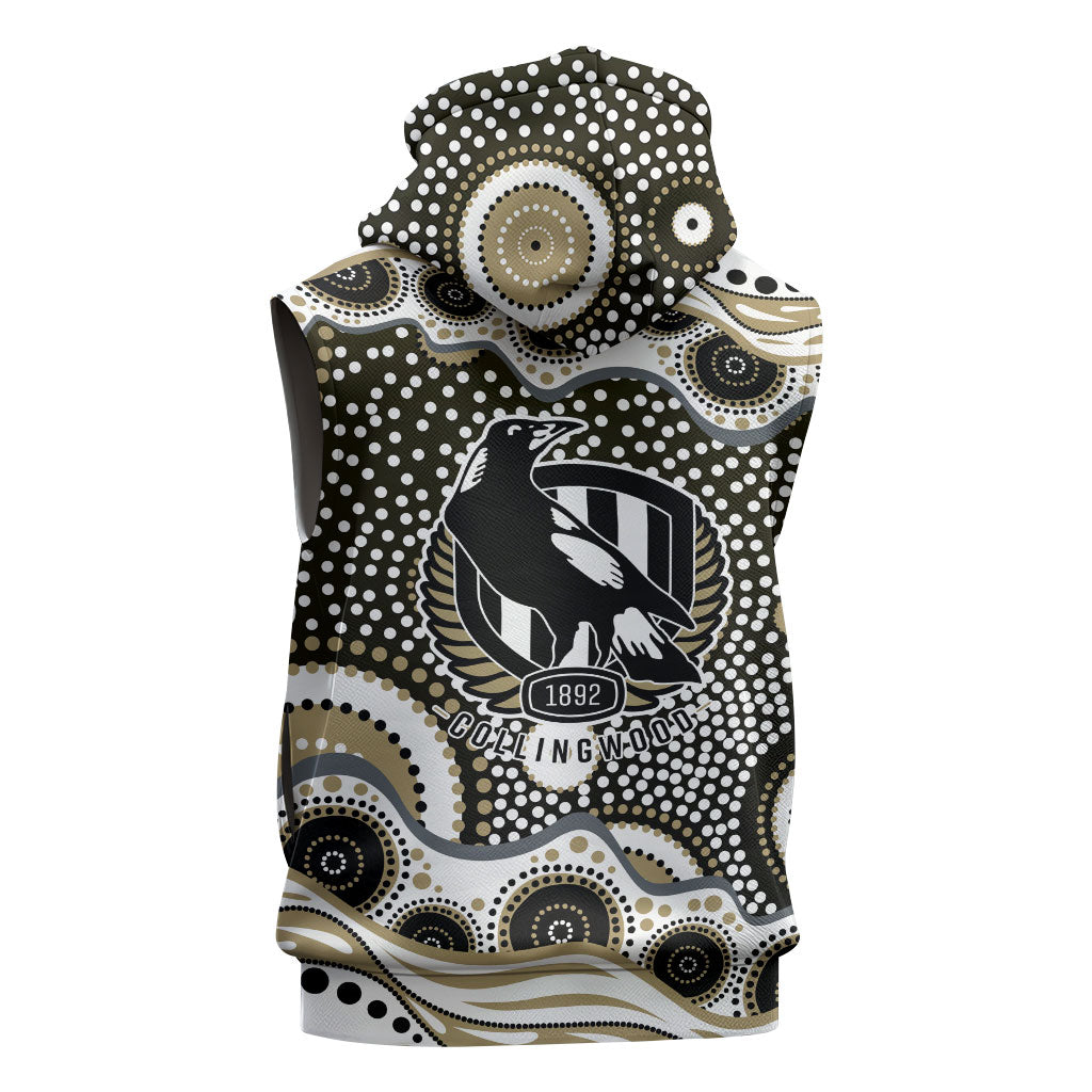 Collingwood Magpies Sleeveless Zip Hoodie Aboriginal Dot Pattern - Football Mascot Heritage Pride