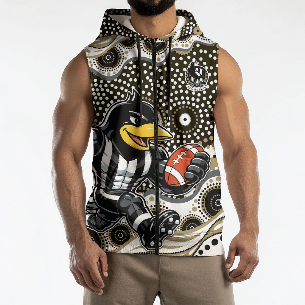 Collingwood Magpies Sleeveless Zip Hoodie Aboriginal Dot Pattern - Football Mascot Heritage Pride