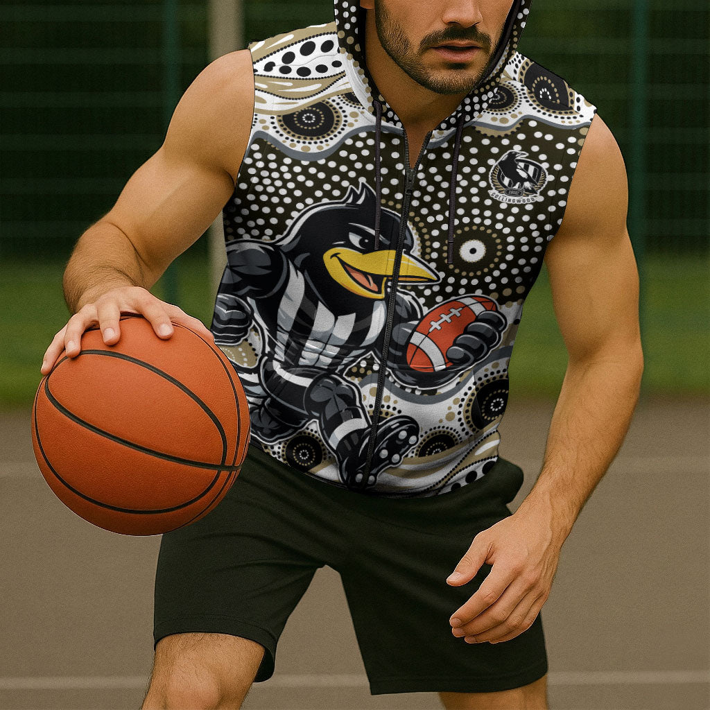 Collingwood Magpies Sleeveless Zip Hoodie Aboriginal Dot Pattern - Football Mascot Heritage Pride