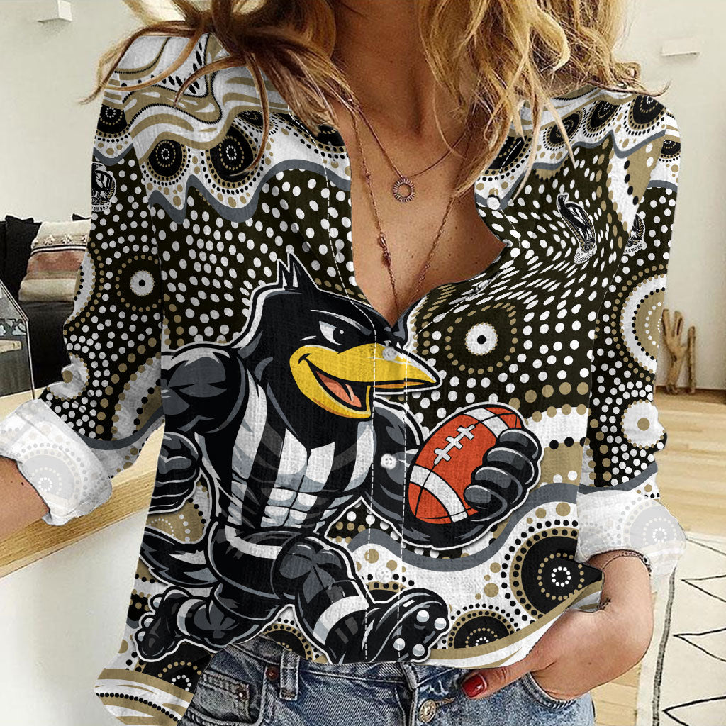 Collingwood Magpies Women Casual Shirt Aboriginal Dot Pattern - Football Mascot Heritage Pride