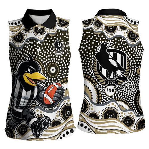 Collingwood Magpies Women Sleeveless Polo Shirt Aboriginal Dot Pattern - Football Mascot Heritage Pride