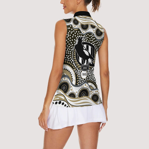 Collingwood Magpies Women Sleeveless Polo Shirt Aboriginal Dot Pattern - Football Mascot Heritage Pride