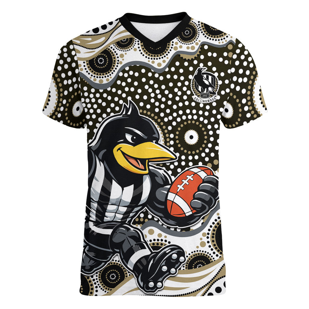 Collingwood Magpies Women V-Neck T-Shirt Aboriginal Dot Pattern - Football Mascot Heritage Pride