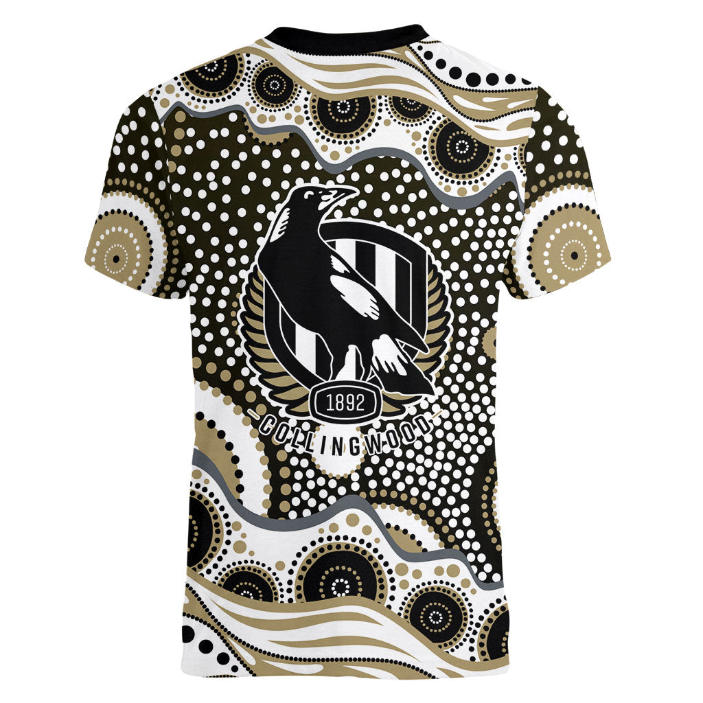 Collingwood Magpies Women V-Neck T-Shirt Aboriginal Dot Pattern - Football Mascot Heritage Pride