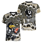 Collingwood Magpies Women V-Neck T-Shirt Aboriginal Dot Pattern - Football Mascot Heritage Pride