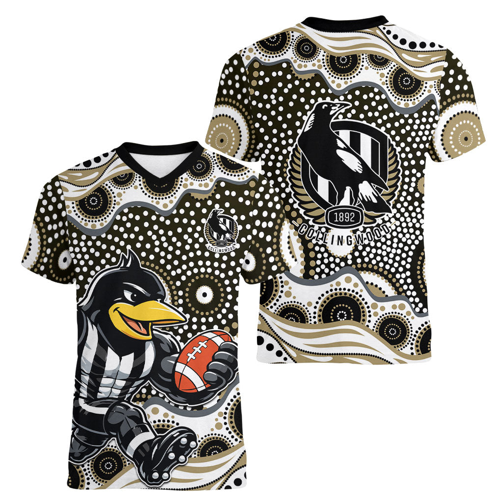 Collingwood Magpies Women V-Neck T-Shirt Aboriginal Dot Pattern - Football Mascot Heritage Pride