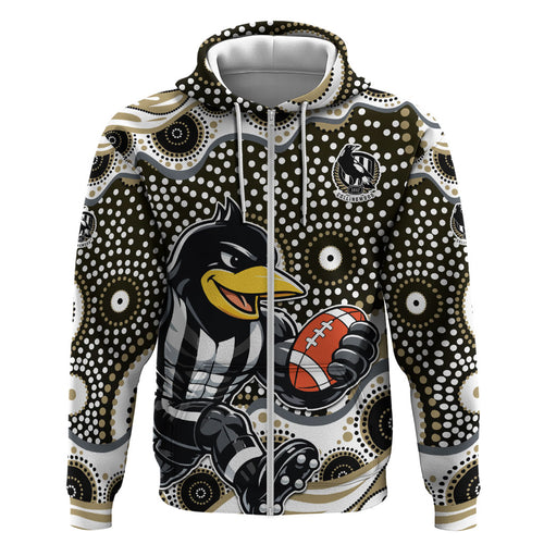 Collingwood Magpies Zip Hoodie Aboriginal Dot Pattern - Football Mascot Heritage Pride