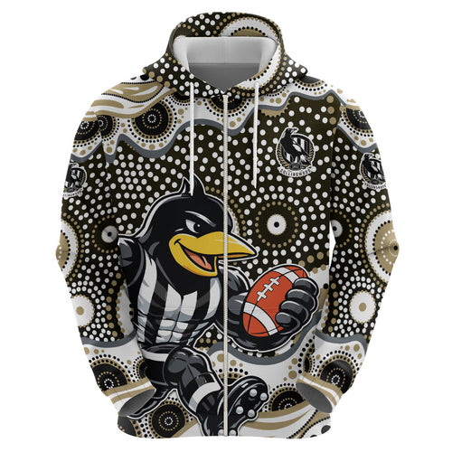 Collingwood Magpies Zip Hoodie Aboriginal Dot Pattern - Football Mascot Heritage Pride