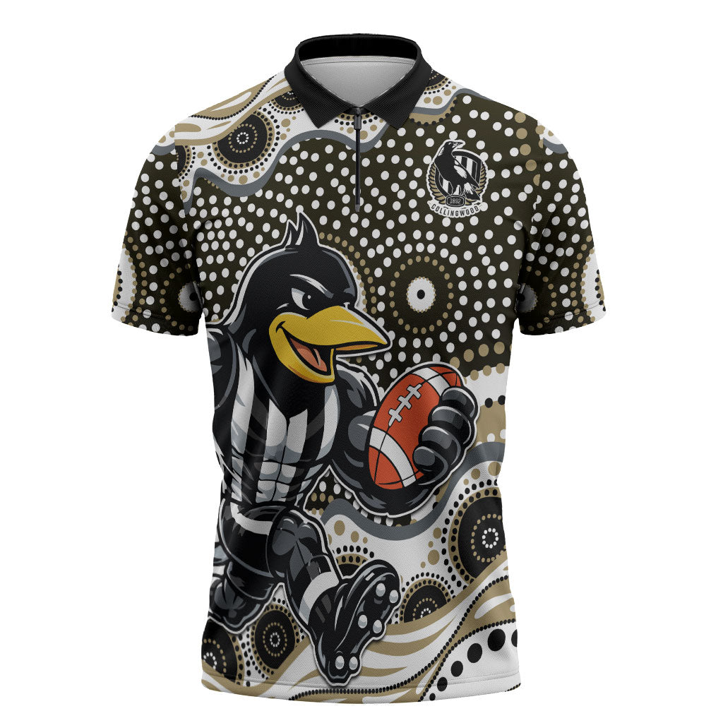 Collingwood Magpies Zipper Polo Shirt Aboriginal Dot Pattern - Football Mascot Heritage Pride