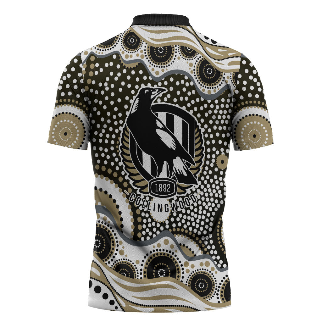Collingwood Magpies Zipper Polo Shirt Aboriginal Dot Pattern - Football Mascot Heritage Pride