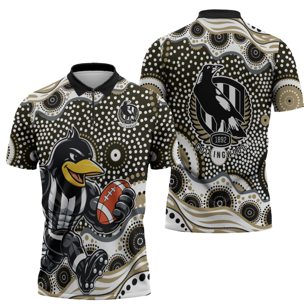 Collingwood Magpies Zipper Polo Shirt Aboriginal Dot Pattern - Football Mascot Heritage Pride
