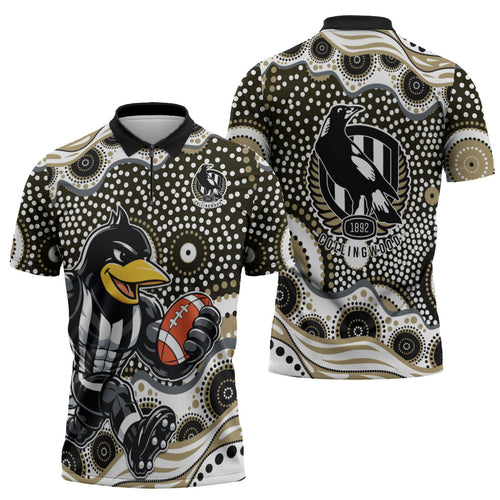 Collingwood Magpies Zipper Polo Shirt Aboriginal Dot Pattern - Football Mascot Heritage Pride