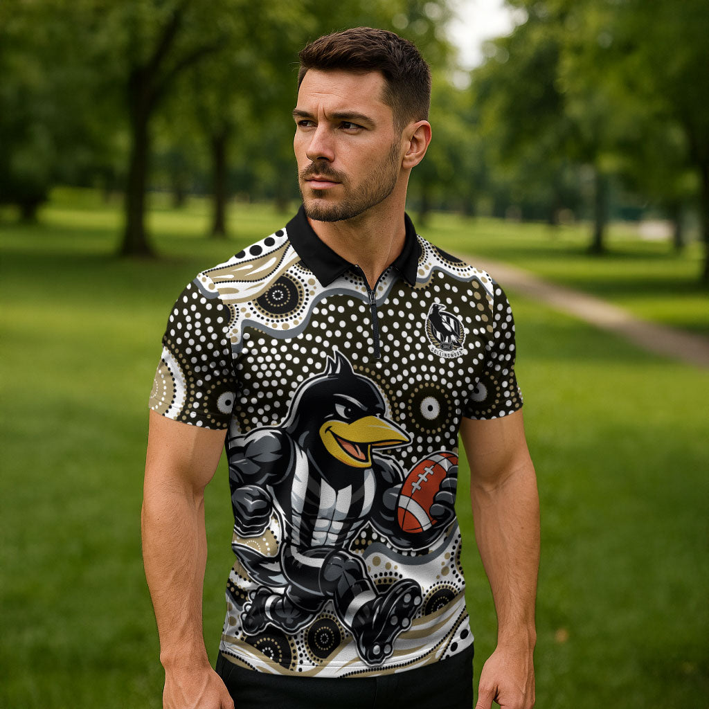 Collingwood Magpies Zipper Polo Shirt Aboriginal Dot Pattern - Football Mascot Heritage Pride