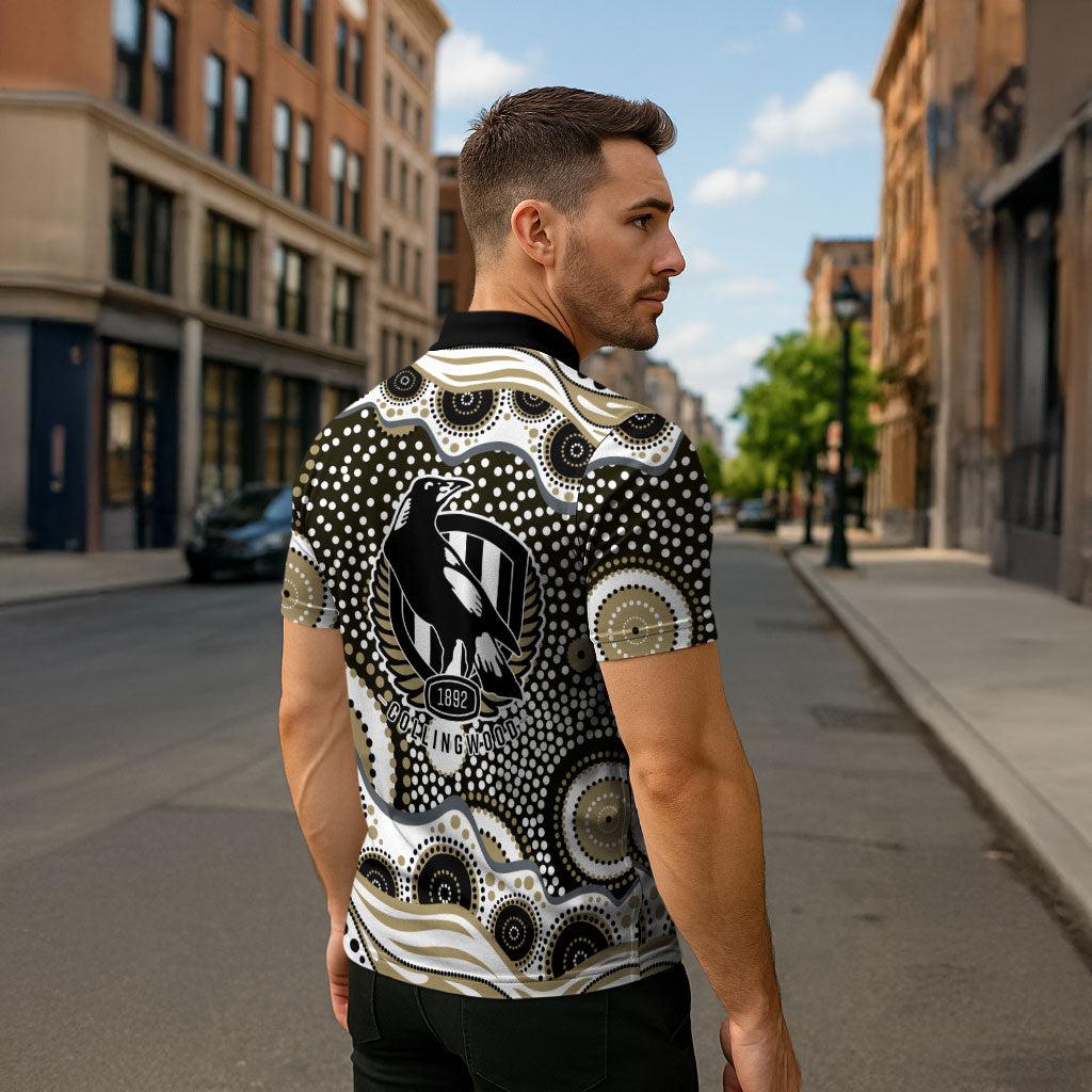 Collingwood Magpies Zipper Polo Shirt Aboriginal Dot Pattern - Football Mascot Heritage Pride