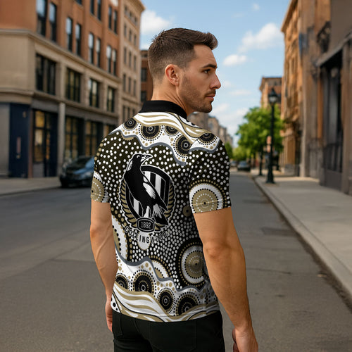 Collingwood Magpies Zipper Polo Shirt Aboriginal Dot Pattern - Football Mascot Heritage Pride